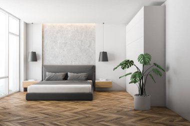 Beyaz ve taş duvarlar, ahşap zemin, geniş pencere, ahşap başucu masa ve beyaz gardrop gri ana yatak ile modern yatak odası iç. 3D render