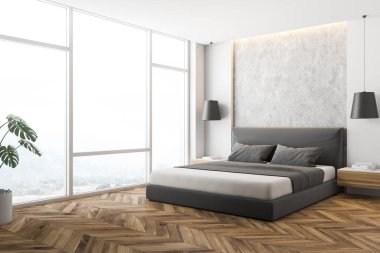 Beyaz ve taş duvarlar, ahşap zemin, geniş pencere ve ahşap başucu masa ile gri karyola ile modern yatak odası köşesinde. 3D render