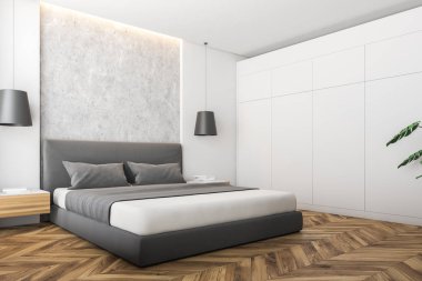 Beyaz ve taş duvarlar, ahşap zemin, ahşap başucu masa ve beyaz gardrop gri ana yatak ile modern yatak odası köşesinde. 3D render