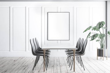 Modern yemek odası beyaz duvarlar, ahşap zemin, tahta bacak ve gri sandalye etrafında ayakta beyaz tabloyla iç. Dikey poster. 3D render alay