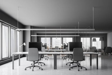 Açık alan ofis Gri duvarlar, taş zemine, büyük pencereler ve gri sandalye ile beyaz bilgisayar tabloları satırları iç. Şirket iş danışmanlık kavramı. 3D render