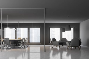 İç gri ve cam duvarlar, beton zemin, büyük pencereler, sandalye ve lounge alanı sağdaki uzun bej ve gri tabloyla ile modern toplantı odası. 3D render