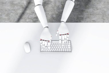 Üstten görünüm beyaz robot el bilgisayar klavye ayakta beyaz masada yazarak. Geleceğin teknolojisi kavramı. 3D render