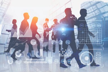 İş infographics çift pozlama ile siluetleri gökdelenler arka plan üzerinde iş adamları. Tonlu görüntü. Nasa tarafından döşenmiş bu görüntü unsurları