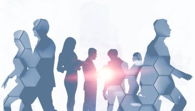Siluetleri iş tartışmak ve altıgen desen çift pozlama ile yürüyüş iş adamları. İş yaşam tarzı kavramı. Tonlu görüntü