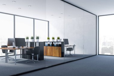 Interior of open space office with white walls, gray carpet on the floor, panoramic windows, wooden computer tables and bookcases and black chairs. 3d rendering clipart