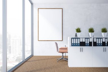 Interior of modern office with white walls, panoramic window, brown carpet, white computer tables with bookcases near them and vertical poster. 3d rendering mock up clipart