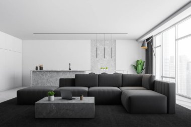 Beyaz duvarları, taş zemine, taş sehpa ve mutfak arka planda yakın duran gri kanepe oturma odası iç. 3D render