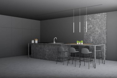 Modern mutfak gri ve taş duvarlı, taş zemine, yan görünümü ile taş tezgah lavabo ve fırın ve gri tabureler bar inşa. 3D render