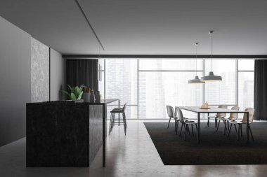 Şık mutfak ve yemek odası ile gri ve taş duvarlar, taş zemine, panoramik pencere, taş tezgah ile iç ve dışkı ve barıyla sandalye ile. 3D render