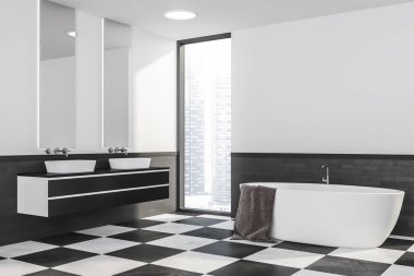 Şık banyo beyaz ve gri tuğla duvarlar, kiremitli kat, beyaz küvet ve beyaz ve siyah tezgah üzerinde çift lavabo duran köşesinde. 3D render