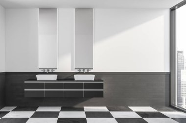 Şık banyo beyaz ve gri tuğla duvarlar, kiremitli kat, çift siyah beyaz tezgah lavabo ayakta ve iki dikey Aynalar iç. 3D render
