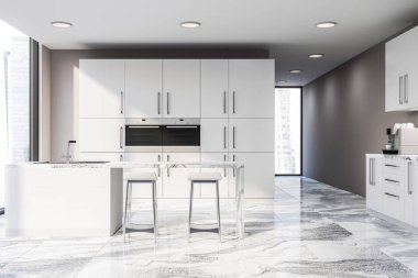 Bej renkli duvarlar, mermer zemin, dışkı ile beyaz çubuğu ve iki fırın içinde yerleşik olan beyaz dolabında modern mutfak iç. 3D render