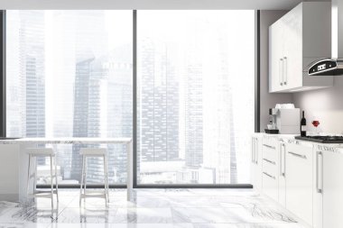 İçi bej duvarlar, beyaz mermer zemin ile panoramik mutfak, fırın ve beyaz bar tabureleri ile beyaz mutfak tezgahı ile inşa. 3D render