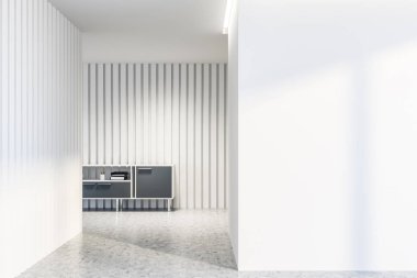 Boş beyaz salon iç beyaz duvarlar, beton zemin ve gri klasörler ve Kırtasiye ile kabine ile. Duvar kadar alay et. 3D render