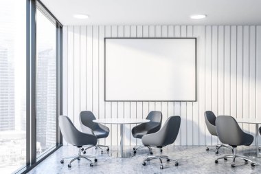 Ofis bekleme odası beyaz duvarlar, beton zemin, geniş pencere ve yuvarlak masa duran gri koltuklar ile iç. Yatay poster. 3D render alay