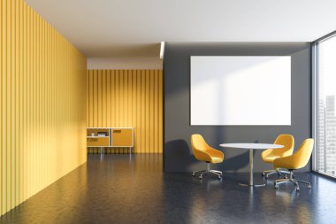 Sarı ve gri duvarlar, beton zemin, sarı sandalyeleri yakınındaki yuvarlak masa üstünde o ve sarı kabine yatay posteri ile ayakta bekleyen oda ofis iç. 3D render alay