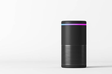 Beyaz arka plan üzerinde duran kontrollü akıllı hoparlör ses. Teknoloji ve elektronik kavramı. 3D render alay