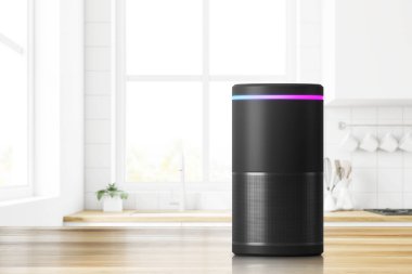 Mutfak masasının üstünde duran kontrollü akıllı hoparlör ses. Teknoloji ve elektronik kavramı. 3D render