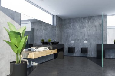 Beton duvarlar, beton ve ahşap zemin, siyah ve ahşap tezgah üzerinde siyah lavabo duran ve iki tuvalet banyo iç. 3D render