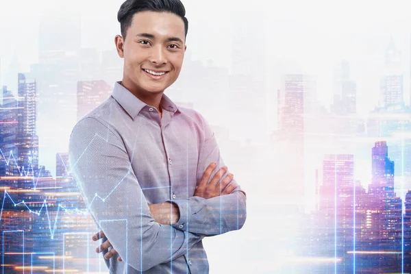 Cheerful Asian Businessman Blue Shirt Standing Crossed Arms City Double — Stock Photo, Image