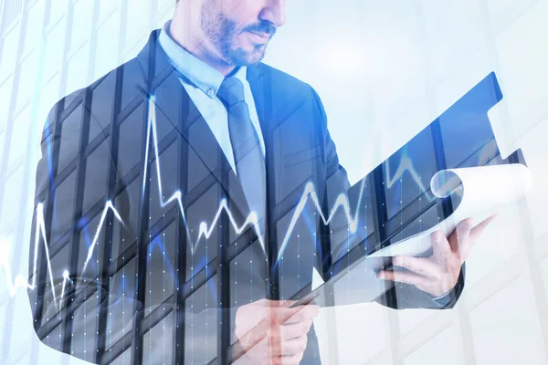 Unrecognizable Bearded Businessman Looking Clipboard Standing Skyscraper Background Double Exposure — Stock Photo, Image