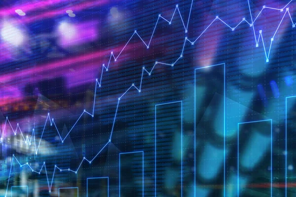 Blauwe Gloeiende Grafieken Staafdiagram Wazig Stad Achtergrond Concept Van Handel — Stockfoto