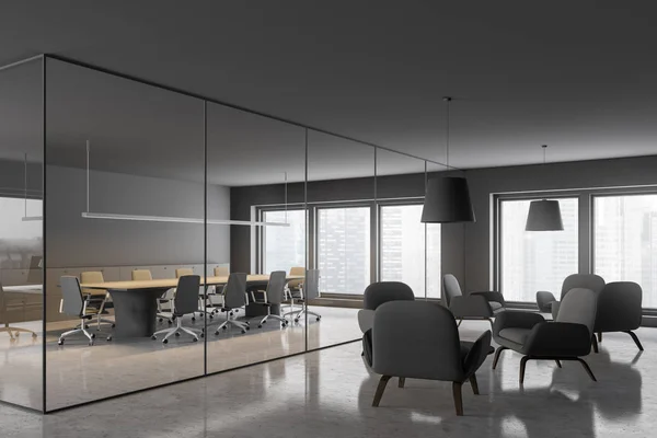 Corner of office meeting room with gray and glass walls, stone floor, long beige and gray table with beige chairs and lounge area with armchairs and coffee tables. 3d rendering