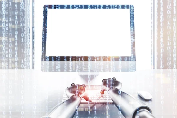 灰色机器人手在电脑键盘上打字 白色模拟站在白色桌子上的电脑屏幕 代码行的双重曝光 渲染色调图像 — 图库照片