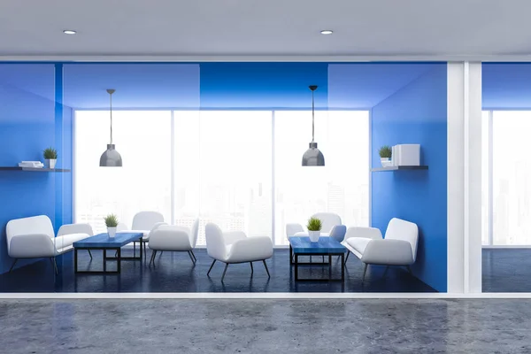 Interior of office waiting room with blue walls, panoramic window, white sofas and armchairs standing near blue coffee tables and bookshelves. 3d rendering
