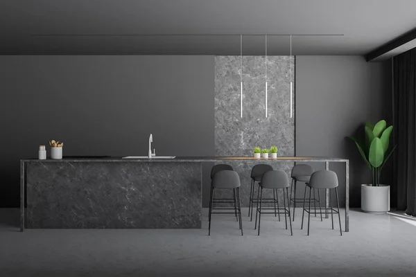 Interior Cozinha Moderna Com Paredes Cinza Pedra Piso Pedra Bancada — Fotografia de Stock