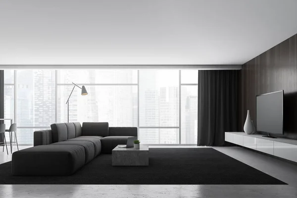 Interieur Des Panoramischen Wohnzimmers Mit Holzwänden Steinboden Grauem Sofa Auf — Stockfoto