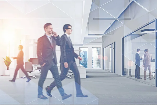 Business People Walking Communicating Modern Office Double Exposure Triangular Pattern — Stock Photo, Image