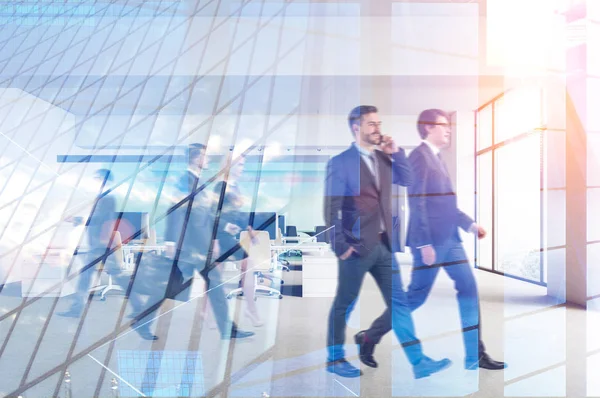 Business People Walking Communicating Modern Office Double Exposure Skyscraper Concept — Stock Photo, Image