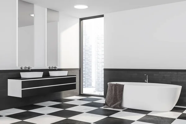 Şık Banyo Beyaz Gri Tuğla Duvarlar Kiremitli Kat Beyaz Küvet — Stok fotoğraf