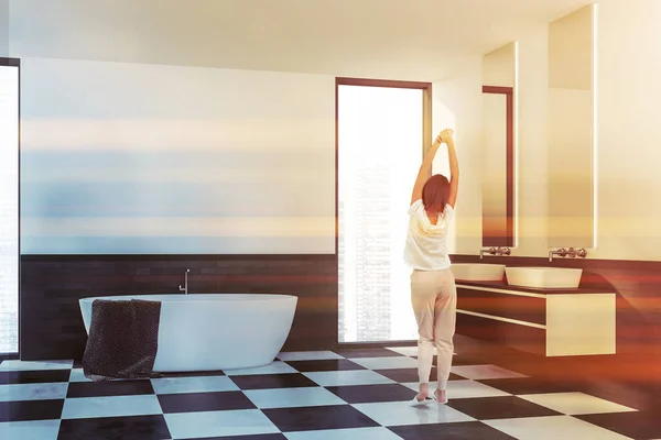 Woman Corner Stylish Bathroom White Gray Brick Walls Tiled Floor — Stock Photo, Image