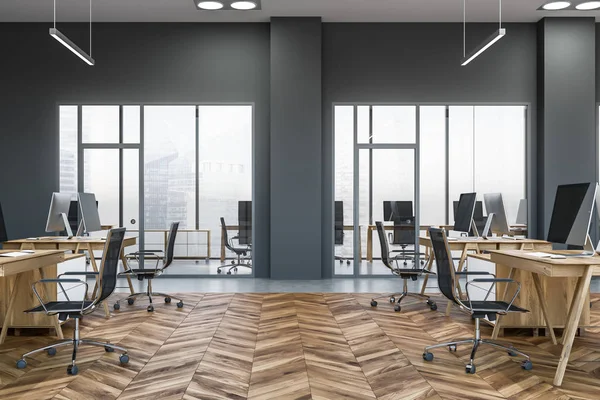 Side View Open Space Office Gray Walls Wooden Floor Large — Stock Photo, Image