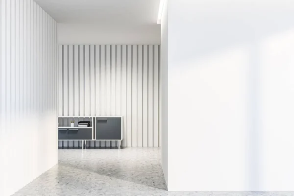 Salon Blanc Vide Intérieur Avec Murs Blancs Sol Béton Armoire — Photo