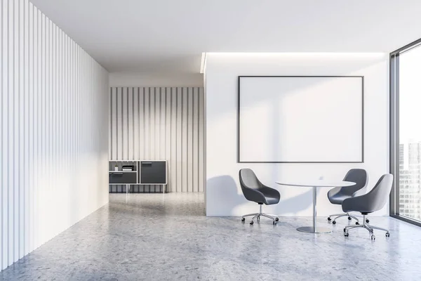 Interior of office waiting room with white walls, concrete floor, gray armchairs near round table with horizontal poster above it and gray cabinet. 3d rendering mock up