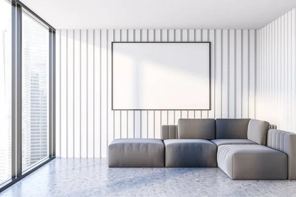 Interior Minimalistic Living Room White Walls Concrete Floor Panoramic Window — Stock Photo, Image
