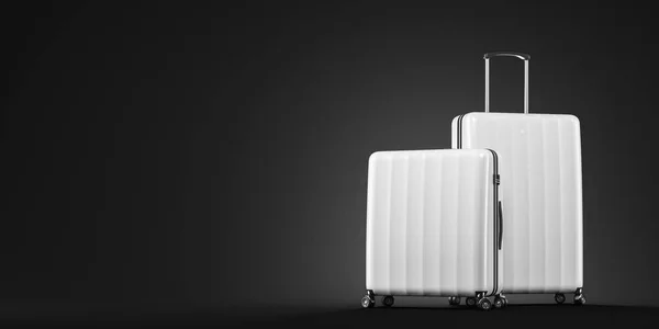 スタイリッシュな白いスーツケース黒背景の上に立っています 観光と旅行のコンセプトです レンダリングをモックアップします — ストック写真