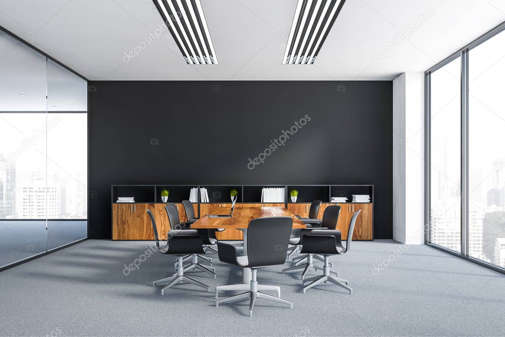 Interior of office meeting room with black and white walls, carpet on the floor, panoramic window and long wooden table with gray chairs. Bookcase near the wall. 3d rendering