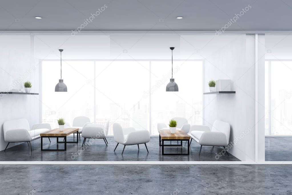 Interior of office waiting room with white walls, panoramic window, white sofas and armchairs standing near wooden coffee tables and bookshelves. 3d rendering