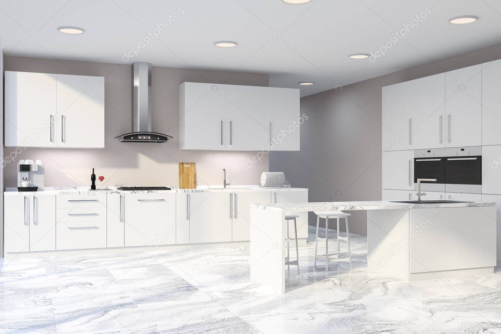 Corner of modern kitchen with beige walls, white countertops with built in sink and oven, white bar with stools and cupboards with two built in ovens. 3d rendering