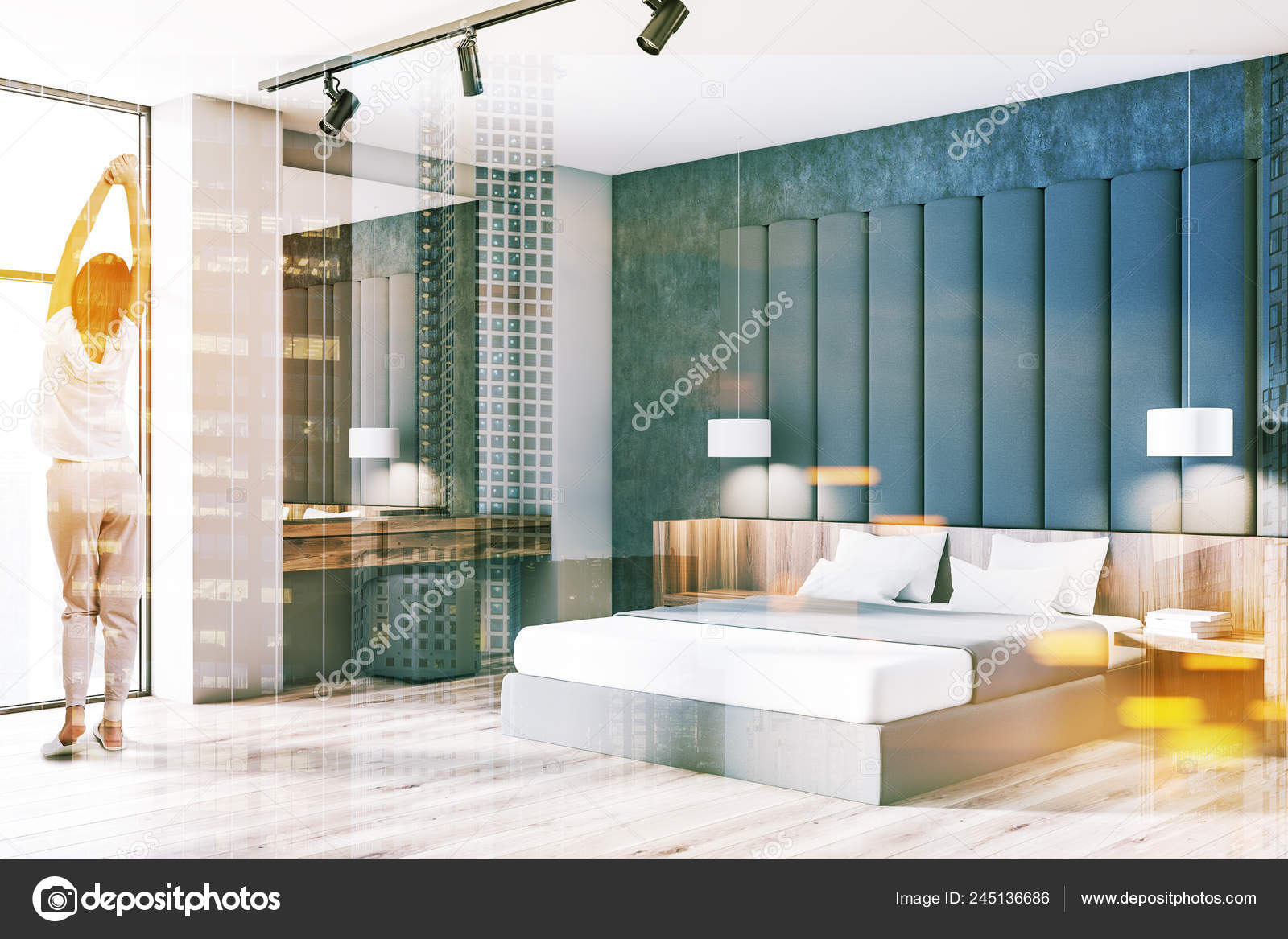 Woman Corner Stylish Bedroom Concrete Gray White Walls