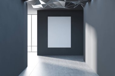Gri duvarlar, kiremitli kat, geniş pencere, gri geometrik desen ve dikey poster duvar tavan ile boş koridor iç. 3D render alay