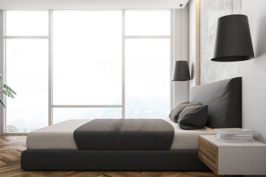 Beyaz ve taş duvarlar, ahşap zemin, gri karyola başucu ahşap masa ve büyük pencere ile modern yatak odası yan görünüm. 3D render