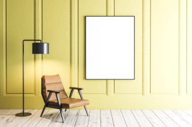 Sarı duvarlar, ahşap zemin, şık zemin lamba ile deri koltuk ve siyah çerçeve ile dikey poster ile minimalist oturma odası iç. 3D render alay