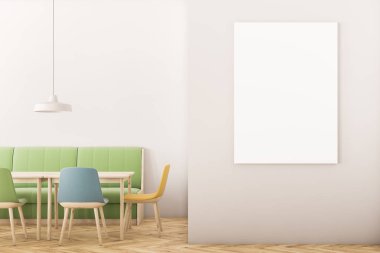 Beyaz duvarları, ahşap zemin, kemerli pencere, uzun yeşil kanepe ve pastel renkli sandalye ile kare ahşap masa ile modern café iç. Dikey poster. 3D render alay