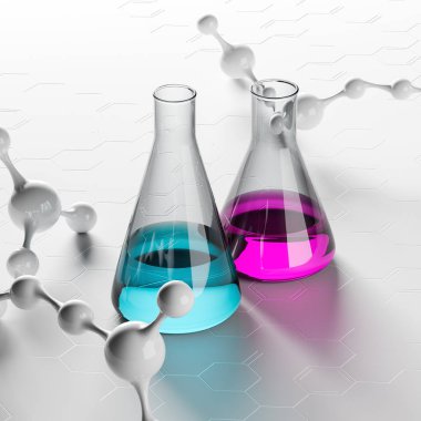 İki test tüpleri ile molekül modelleri çevrelerindeki beyaz masa üzerinde duran renkli sıvılar ile. Bilim ve tıp kavramı. 3D render